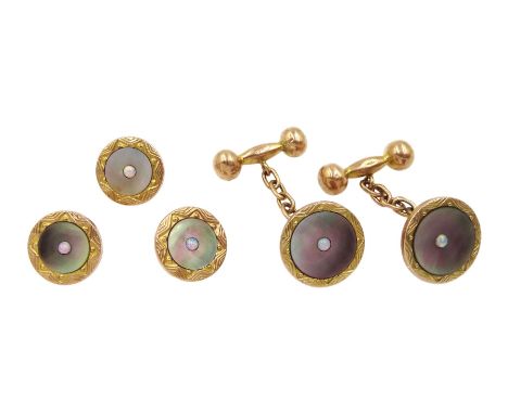 Pair of early 20th century rose gold mother of pearl and opal cufflinks and three matching gold shirt studs, all stamped 9ct