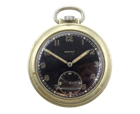 Nickle open face keyless lever pocket watch by Zenith, No. 3391750, black enamel dial with Arabic numerals and subsidiary sec