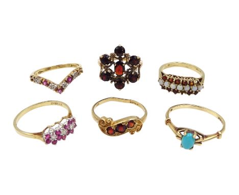 Gold garnet cluster ring and garnet three stone ring, gold turquoise ring and three stone set rings including diamond, ruby a