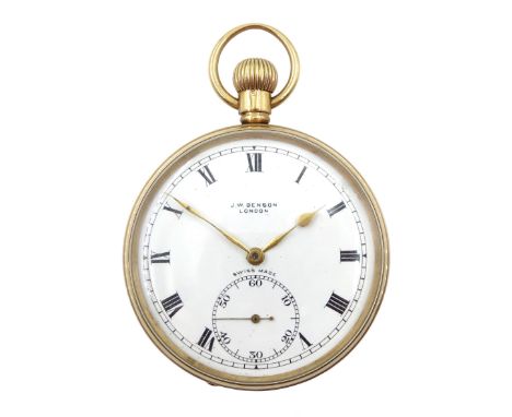 9ct gold open face keyless lever pocket watch by J W Benson, London, white enamel dial with Roman numerals and subsidiary sec