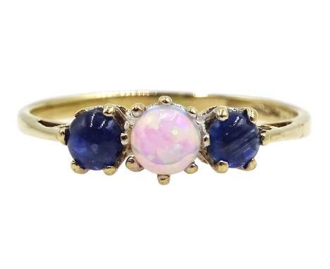 9ct gold three stone sapphire and opal ring, hallmarked