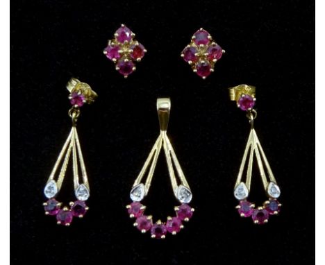 Pair of gold ruby and diamond pendant stud earrings and matching pendant and one other pair of ruby stud earrings, all hallma