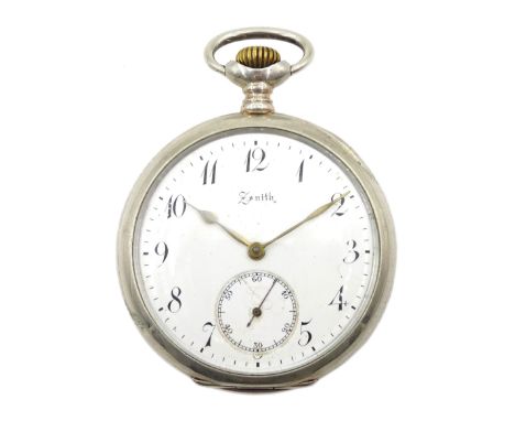 Silver open face keyless lever 15 rubies pocket watch by Zenith, No. 1197144, white enamel dial with Arabic numerals and subs