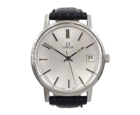 Omega gentleman's stainless steel manual wind wristwatch, calibre 1030, serial No. 44 527730, with date aperture, on black le