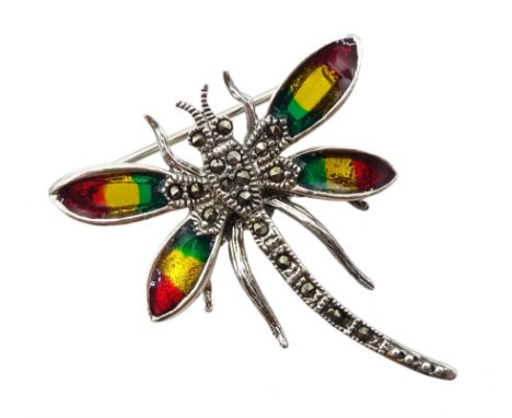 Silver marcasite and enamel dragonfly brooch, stamped 925