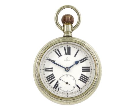 Nickle open face keyless lever pocket watch by Omega, white enamel dial with Roman numerals and subsidiary seconds dial, fron