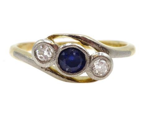 Gold milgrain set synthetic sapphire and diamond three stone ring, stamped 18ct PlatClick here to view further images, condit