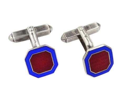 Pair of silver, blue and red guilloche enamel cufflinks by Garrard, hallmarked