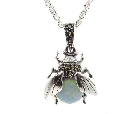 Silver opal and marcasite bug pendant necklace, stamped 925