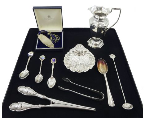 Edwardian silver cream jug by Mappin &amp; Webb Ltd, Sheffield 1905, silver scallop dish, silver bookmark, silver sugar tongs