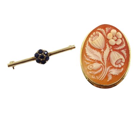 18ct gold cameo flower design brooch, stamped 750 and a 9ct gold sapphire cluster brooch, London 1988