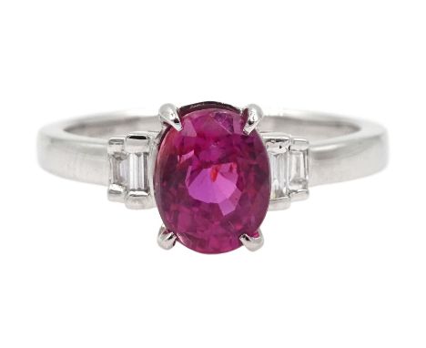 18ct white gold oval pink sapphire and baguette diamond ring, hallmarked, pink sapphire approx 1.55 carat