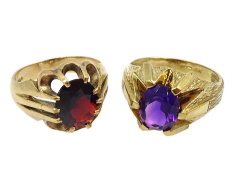 Two 9ct gold signet rings, one set with an amethyst, the other set with a garnet, hallmarked