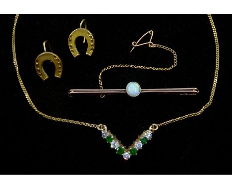 Pair of Victorian 9ct gold horseshoe earrings, Birmingham 1889, rose gold opal bar brooch, stamped 9ct and an emerald and cub