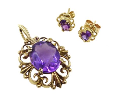 Pair of gold amethyst stud earrings and a gold amethyst pendant, both hallmarked 9ct