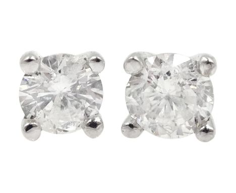 Pair of 18ct white gold round brilliant cut diamond stud earrings, stamped 750, diamond total weight approx 0.40 carat