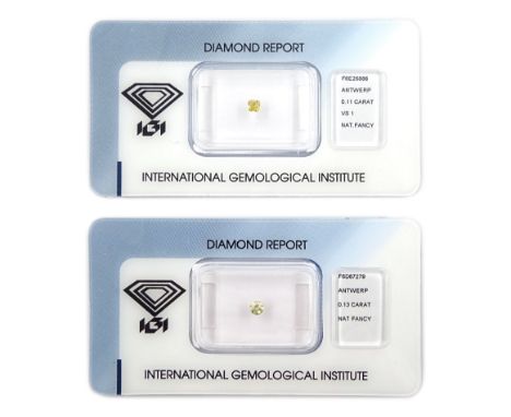 Two certified loose fancy coloured diamonds one round brilliant cut 'fancy light yellow' of 0.13 carat, the other cushion cut