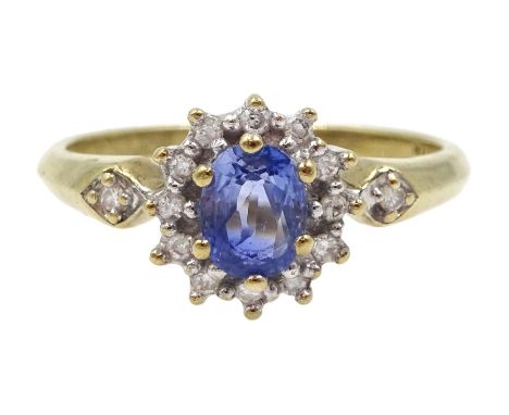 9ct gold oval sapphire and diamond cluster ring, hallmarked