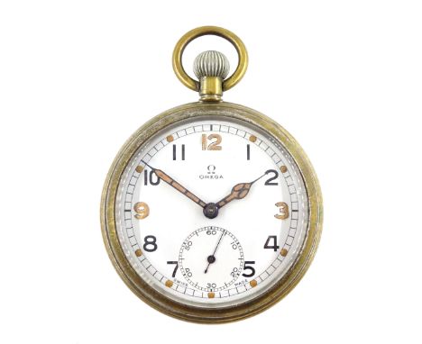 Military issue nickle open face, 15 jewels lever pocket watch by Omega, No. 9960290, white enamel dial with Arabic numerals a