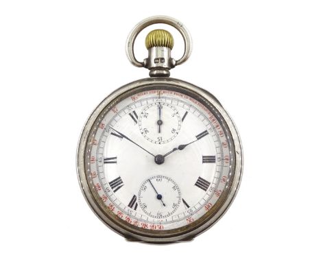 Silver open face Swiss lever keyless chronograph pocket watch by Le Phare.W. Co, white enamel dial, with 'Miles Per Hour From