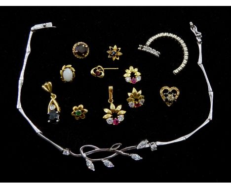 Gold stone set jewellery oddments including 18ct white gold diamond part shank, 9ct gold single earrings including garnet, sa