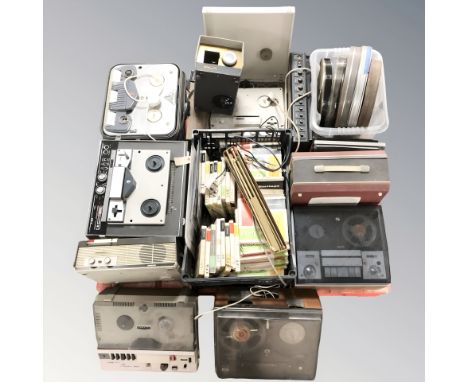 A group of reel to reel players including Fidelity, Tanberg etc large film reels and similar items (one pallet) 
