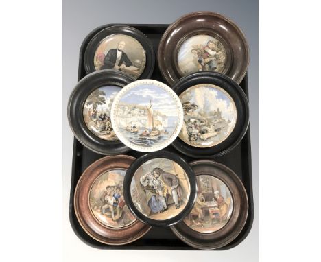 Eight various Prattware pot lids.