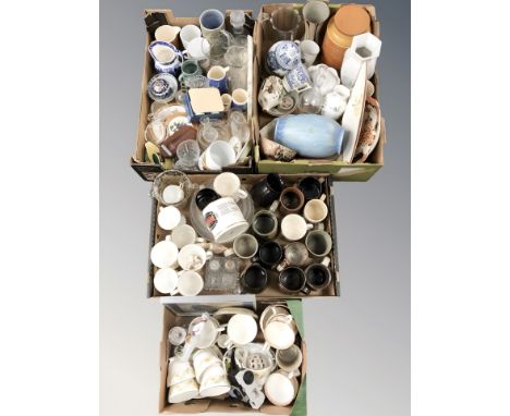 A large quantity of ceramics including stoneware mugs and tankards, porcelain vases, blue and white items, drinking glasses, 