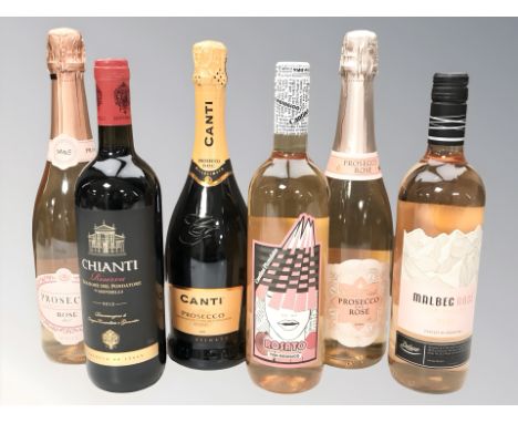 Six various bottles of alcohol including Prosecco, Chianti, etc.