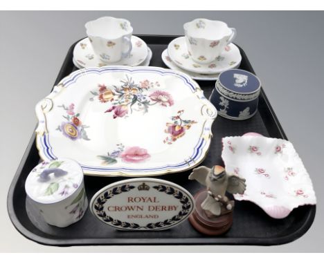A pair of Shelley porcelain trios, decorated with roses, a Coalport 'Old Coalport' porcelain dish, a further Shelley bowl, a 