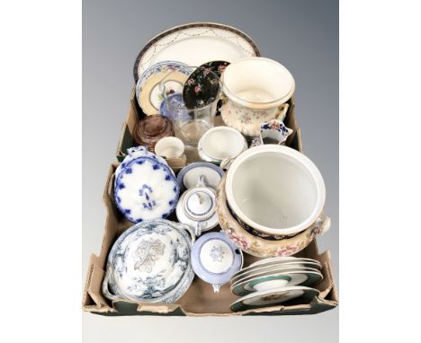 Assorted tureens, Crown Devon Fieldings twin handled planter, further planter, porcelain plates, glass vase, etc. (2 boxes)