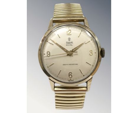 A gent's 9ct gold Tudor Royal wristwatch, cream dial with Arabic and baton numerals, signed Shock Resisting, later plated cro