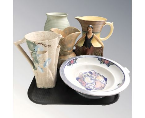 A group of Art Deco pottery jugs, vase, a Burleigh Ware fruit bowl, etc.