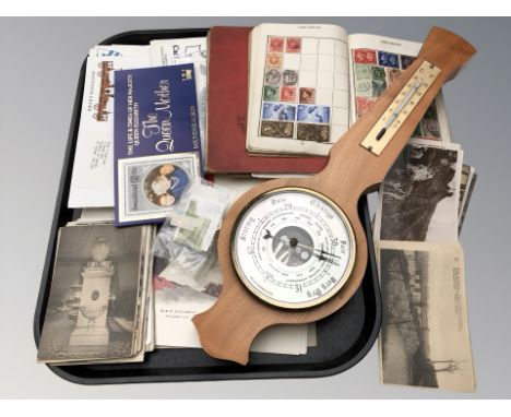 A reproduction barometer, together with antiquarian postcards, stamps, ornithological lithographs, etc.