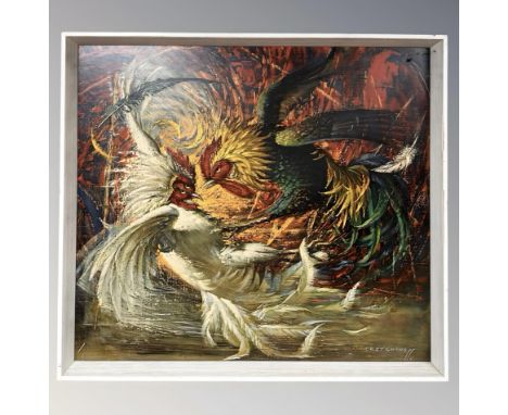 After Vladimir Tretchikoff : Fighting cocks, colour print, 60 cm x 65 cm 