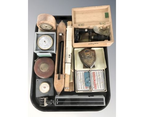 A small microscope, a Chesterman leather cased tape measure, bezique markers, barometer, onyx cased timepiece, etc.