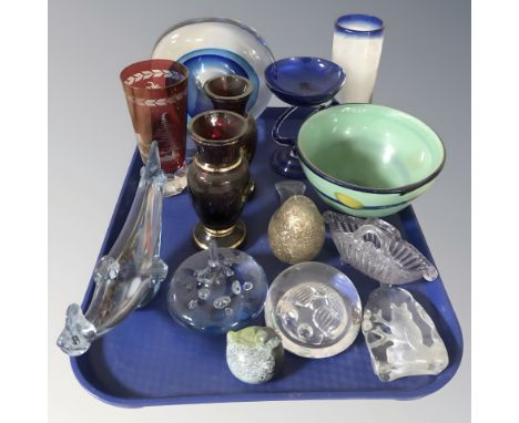 A group of studio glass items including an Aida bowl, various paperweights, flash cut ruby drinking glass, pair of vases, etc