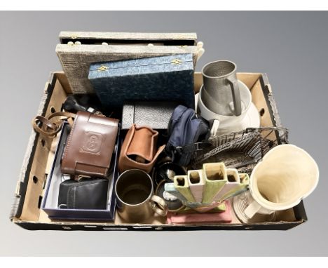 A group of cutlery sets, vintage cameras, Art Deco pottery vase, metal wares, etc. (1 box)