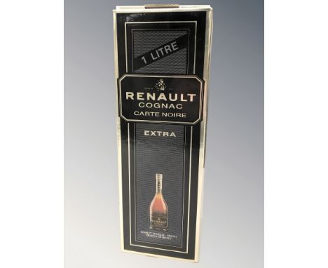A bottle of Renault Cognac Carte Noire Extra, 1 litre, in carton.