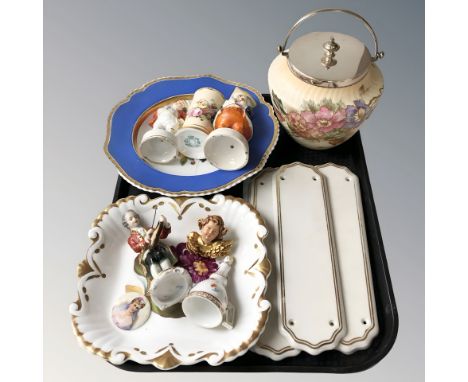 A set of five porcelain door plates, figures including Capodimonte, an EPNS lidded biscuit barrel and further ceramics.