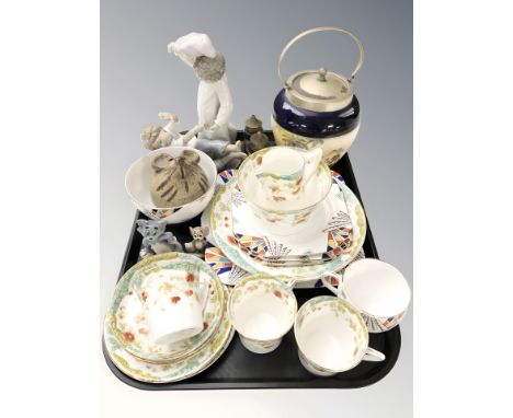 A group of various tea china, biscuit barrel and matching sifters, Nao figure of two children, studio pottery mouse money box