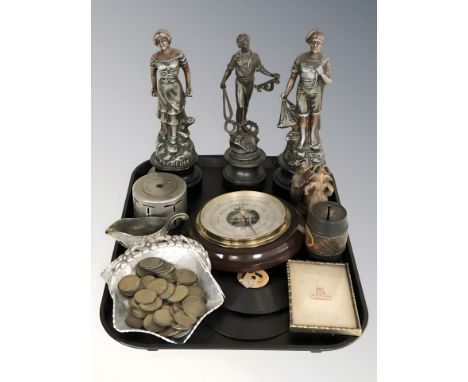 A circular barometer, group of gaming tokens, metal Yorkshire penny bank, a further money box, patinated metal figures, circu
