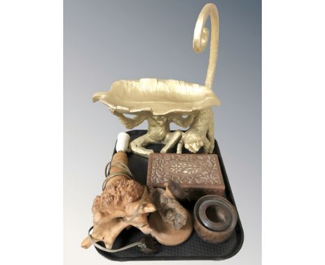 Two modern monkey ornaments, a wooden lamp base, further Michael Dredge wooden sculpture of a bird, an Indian bone inlaid tri
