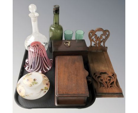 A walnut fretwork book slide, a further mahogany table box, a Georgian mahogany caddy, a hand painted frosted glass bulbous p