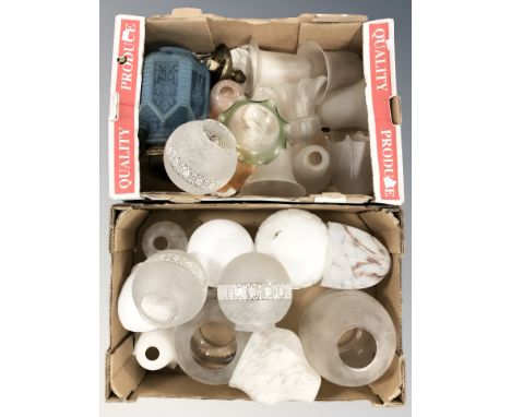 A group of antique glass light shades including coloured, frosted and etched examples. (2 boxes)