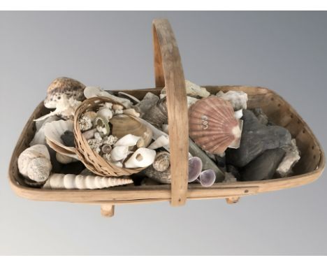 A wicker basket containing assorted sea shells, geology specimens, etc, basket 50 cm wide.