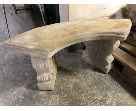 A concrete twin pedestal crescent shaped garden bench, length 102 cm 