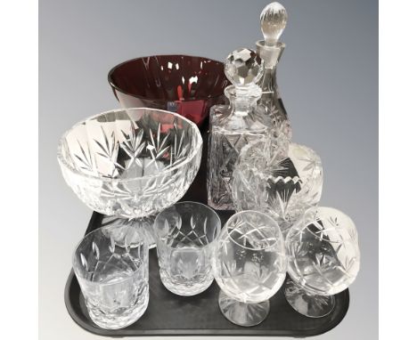 A Dartington ruby glass bowl, together with two crystal decanters, pair of tumblers, pair of Royal Doulton crystal rummers, e