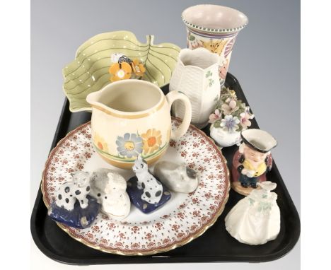 Mixed ceramics including Poole vase, Burslem Susie Cooper Art Deco jug, Belleek vase, a 19th century Staffordshire figure of 