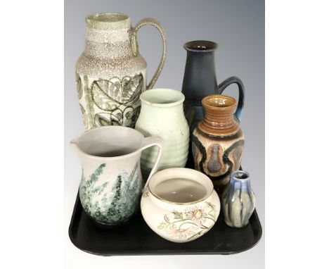 A Denby Pottery jug, a further West German turquoise glaze jug and several other jugs / vases.
